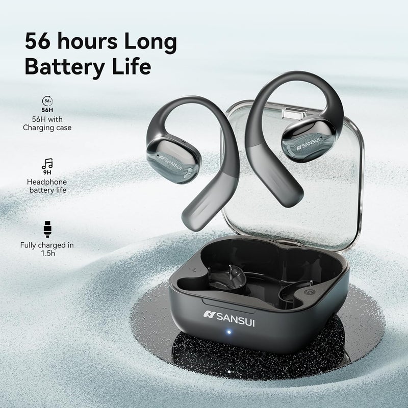 Sansui Open Ear Headphones,Wireless Earbuds with Ergonomic Earhook,Bluetooth Headphones 5.4 with Noise Cancelling Mic,56H Playtime,IP55 Waterproof Ear Buds for Cycling,Running,Workout(Black) - Image 5